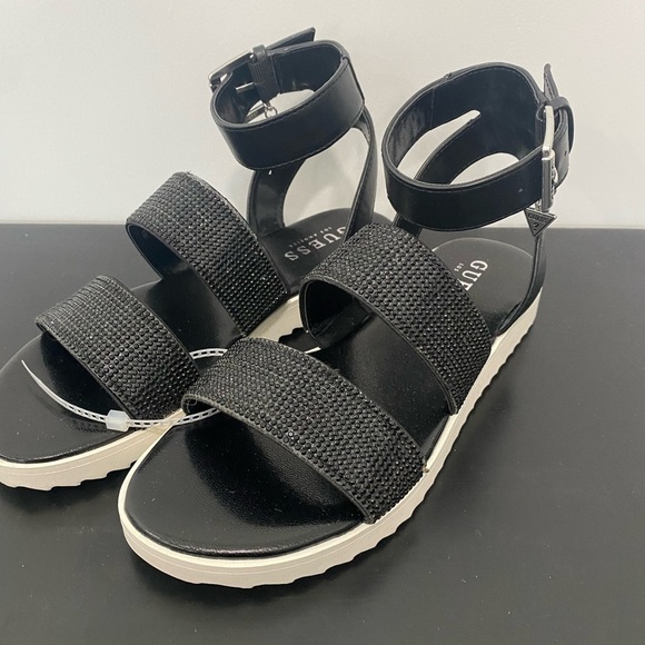 Guess Women’s Kinley Sandals Glitter Straps Buckle Black Size 5.5 - Picture 2 of 6